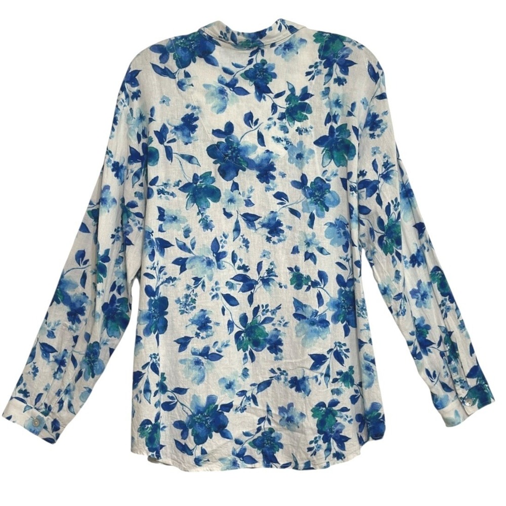 Susan Graver Button Down Shirt Women Blue Floral Linen Long Sleeve Coastal LP